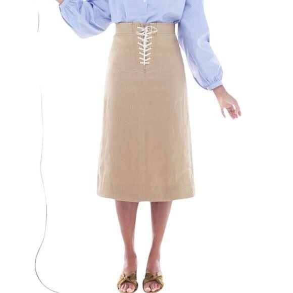 J Crew High-Waist Lace-Up Beige Midi Skirt Twill size 10 NWT